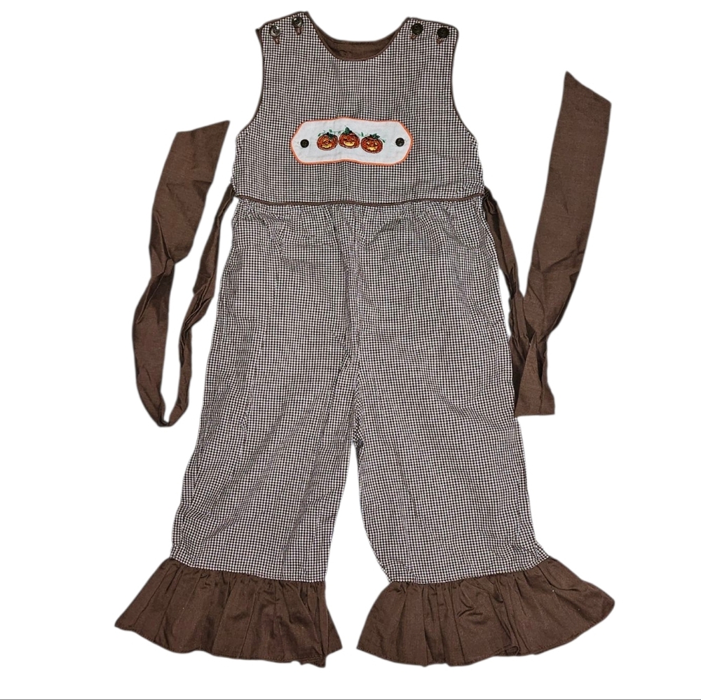 $10 If Bundled! Girls Brown Checkered Jumpsuit with Pumpkin Embroidery